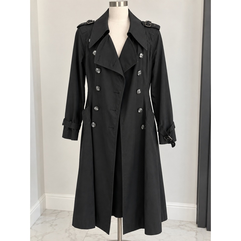 Vintage Fox Run Black Trench Coat Belted Military Double Breasted Classic Small